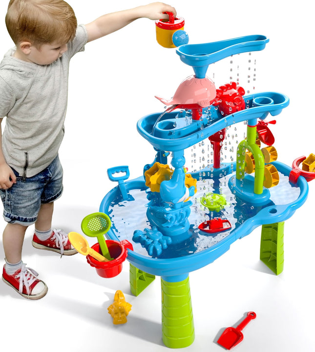 Dinosaur Planet Kids Sand Water Table for Toddlers, 3-Tier Water Play Table Toy for Toddlers Kids, Activity Sensory Tables Outside Beach Snow Toys for Toddler Boys Girls Age 1-3-5 Gift(Random Color)