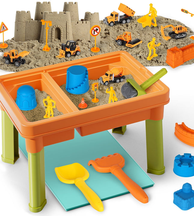 Sand Table for Kids, Sensory Table with Sand, Sensory Bin with Lid & 2.6lbs Play Sand, 6 Construction Vehicles & Sand Toys, Sensory Toys Gifts for Toddler Boys Girls